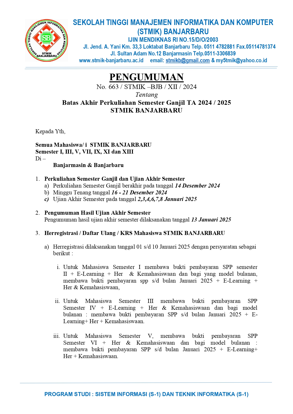 Pengumuman Batas Akhir Perkuliahan Semester Ganjil 2024/2025