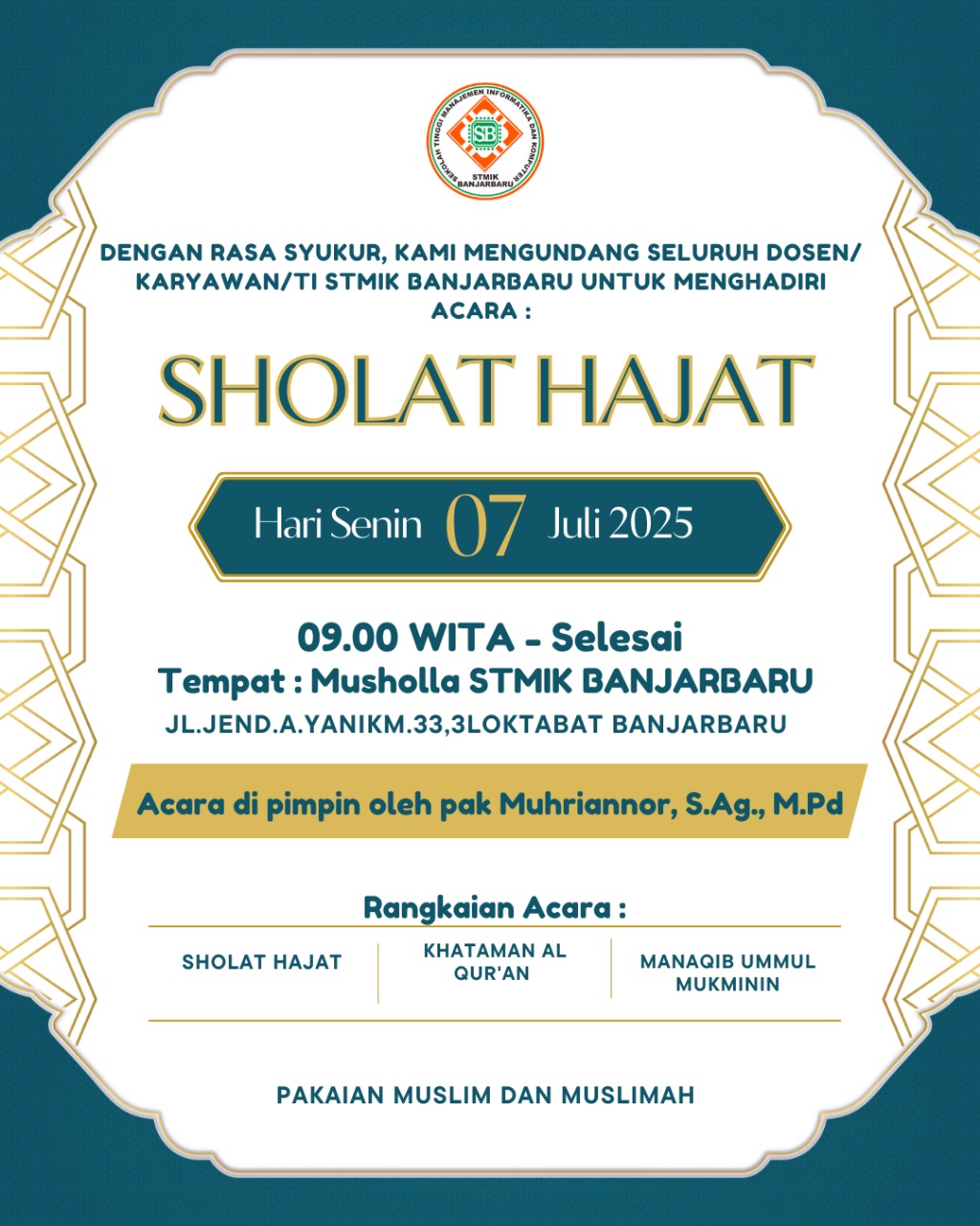 STMIK Banjarbaru Gelar Sholat Hajat dan Hataman Al-Qur'an Bersama Dosen dan Karyawan